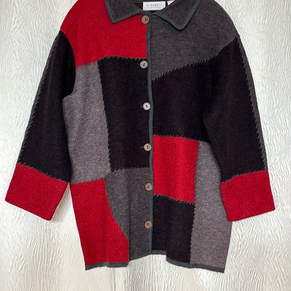 Elisabeth~Liz Claiborne~100% Wool~Red and Gray Patchwork Cardigan/Jacket